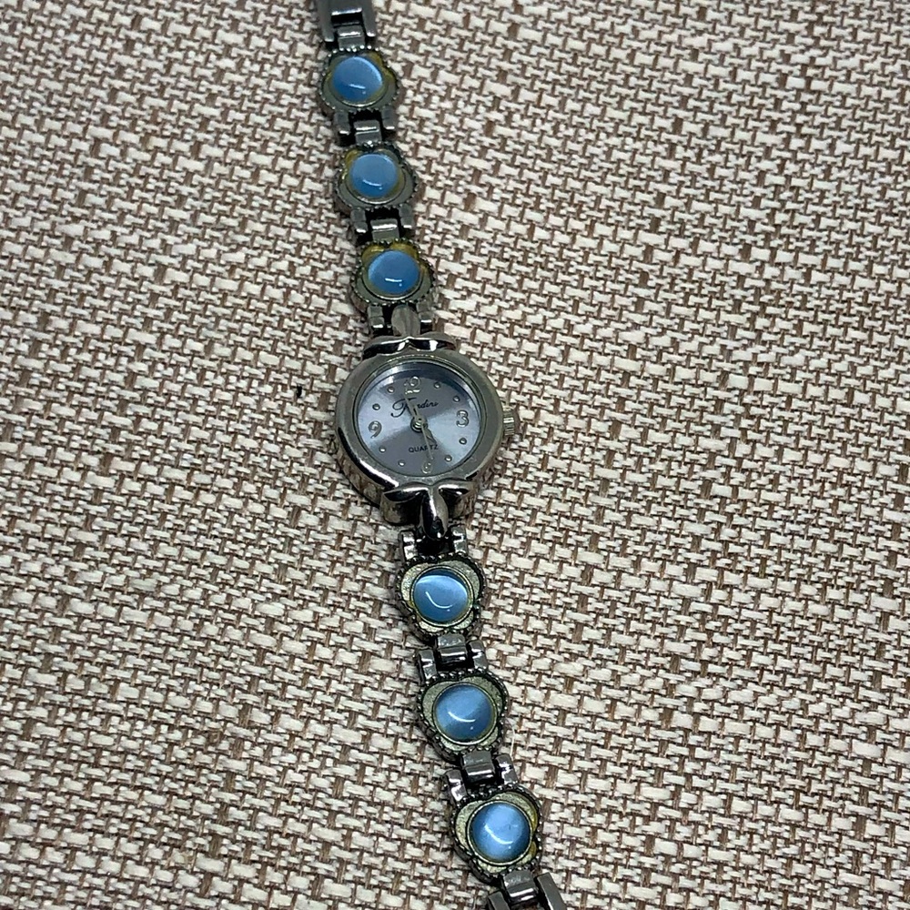 Vintage authentic Frondini watch, dainty silver with blue face and stones